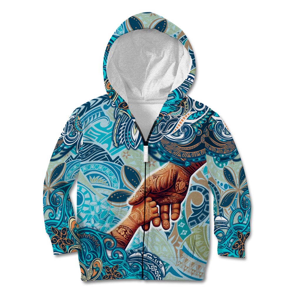 Hand In Hand Father's Day Polynesian Kid Hoodie Tribal Flower Pattern DT02 Zip Hoodie Blue - Polynesian Pride