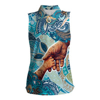 Hand In Hand Father's Day Polynesian Women Sleeveless Polo Shirt Tribal Flower Pattern DT02 Female Blue - Polynesian Pride