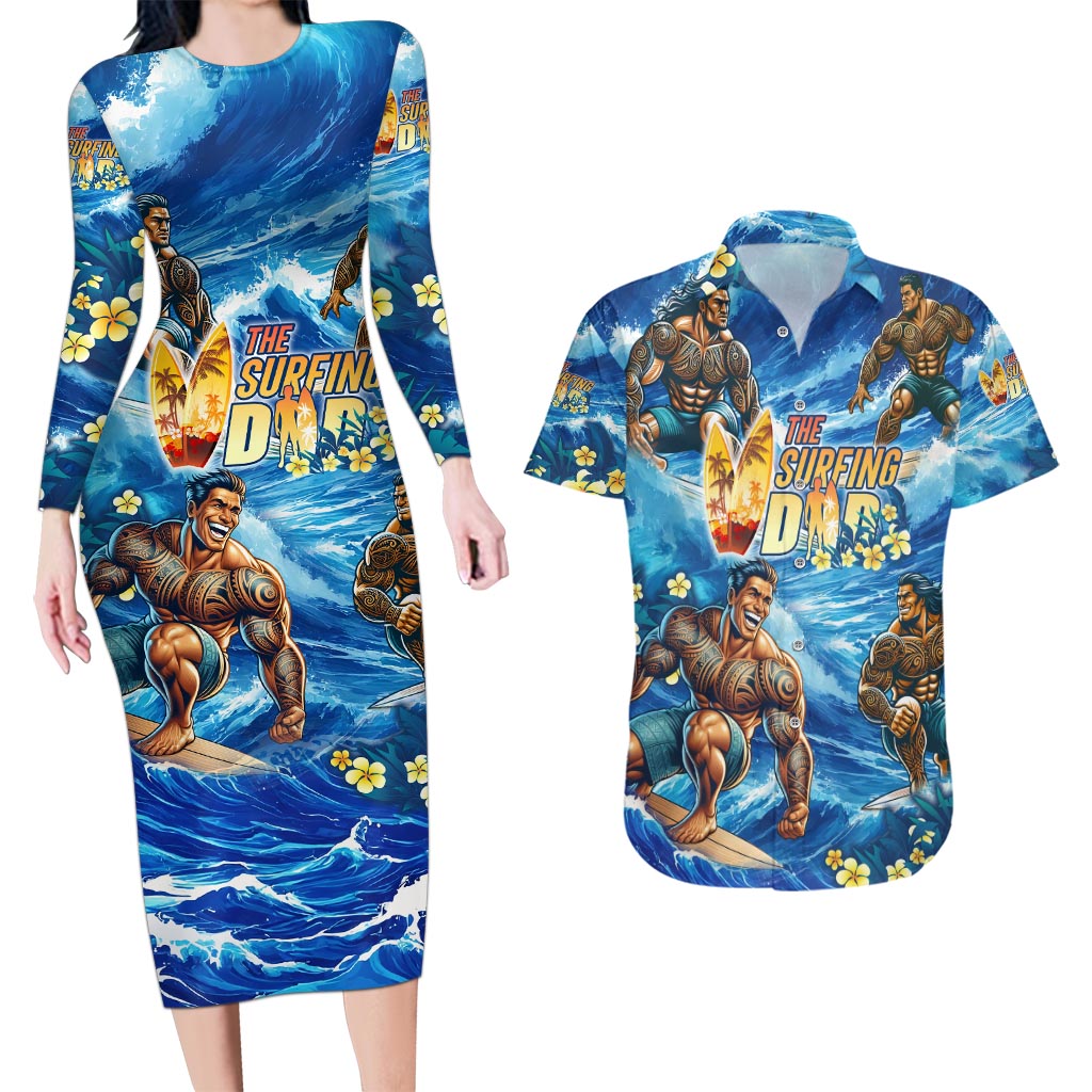 Hawaii Father's Day Couples Matching Long Sleeve Bodycon Dress and Hawaiian Shirt The Surfing Dad Polynesian Tattoo DT02 Blue - Polynesian Pride