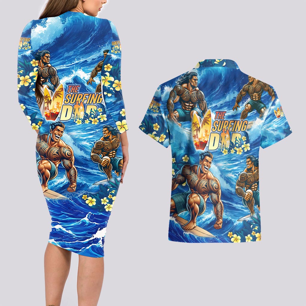 Hawaii Father's Day Couples Matching Long Sleeve Bodycon Dress and Hawaiian Shirt The Surfing Dad Polynesian Tattoo DT02 - Polynesian Pride