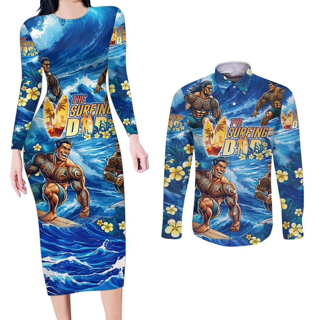 Hawaii Father's Day Couples Matching Long Sleeve Bodycon Dress and Long Sleeve Button Shirt The Surfing Dad Polynesian Tattoo DT02 Blue - Polynesian Pride