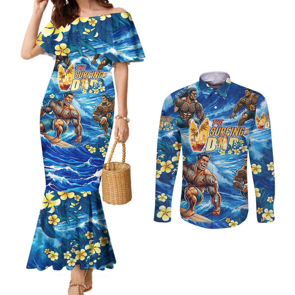 Hawaii Father's Day Couples Matching Mermaid Dress and Long Sleeve Button Shirt The Surfing Dad Polynesian Tattoo DT02 Blue - Polynesian Pride