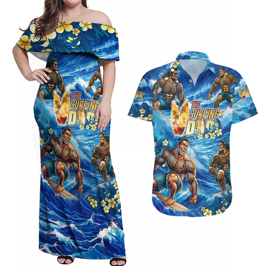 Hawaii Father's Day Couples Matching Off Shoulder Maxi Dress and Hawaiian Shirt The Surfing Dad Polynesian Tattoo DT02 Blue - Polynesian Pride