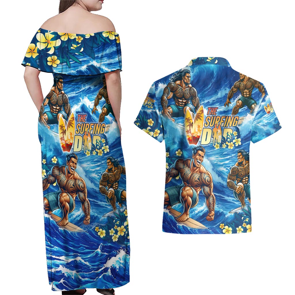 Hawaii Father's Day Couples Matching Off Shoulder Maxi Dress and Hawaiian Shirt The Surfing Dad Polynesian Tattoo DT02 - Polynesian Pride