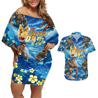 Hawaii Father's Day Couples Matching Off Shoulder Short Dress and Hawaiian Shirt The Surfing Dad Polynesian Tattoo DT02 Blue - Polynesian Pride
