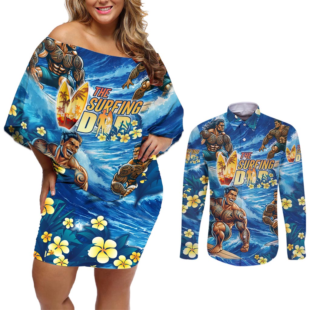 Hawaii Father's Day Couples Matching Off Shoulder Short Dress and Long Sleeve Button Shirt The Surfing Dad Polynesian Tattoo DT02 Blue - Polynesian Pride