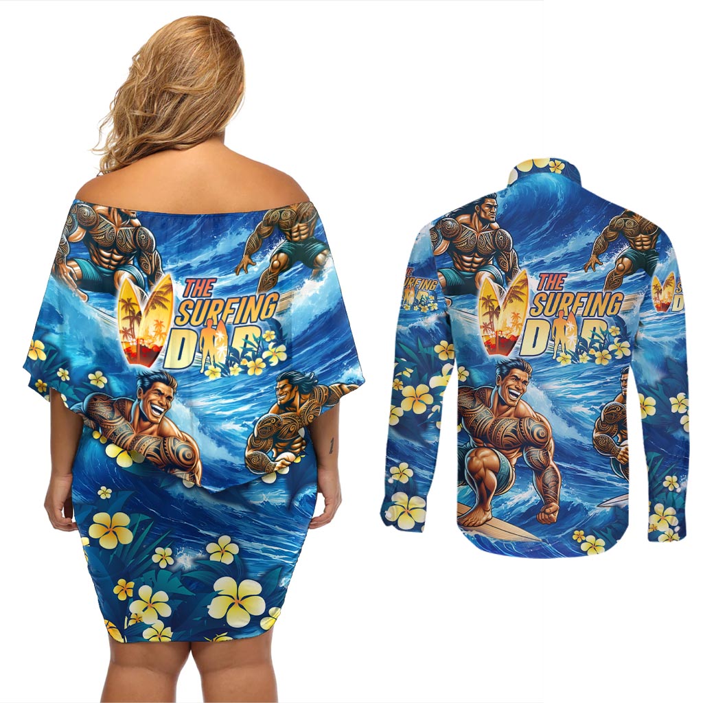 Hawaii Father's Day Couples Matching Off Shoulder Short Dress and Long Sleeve Button Shirt The Surfing Dad Polynesian Tattoo DT02 - Polynesian Pride
