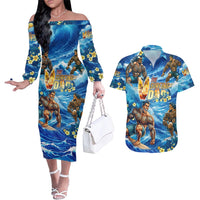 Hawaii Father's Day Couples Matching Off The Shoulder Long Sleeve Dress and Hawaiian Shirt The Surfing Dad Polynesian Tattoo DT02 Blue - Polynesian Pride