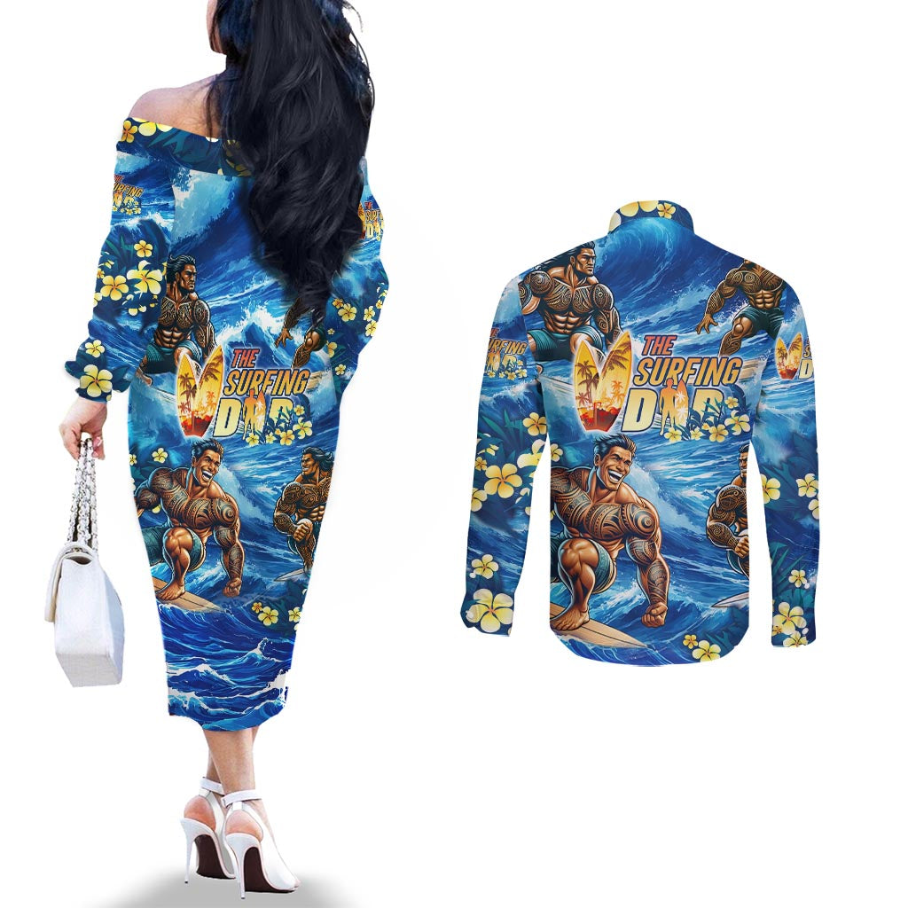 Hawaii Father's Day Couples Matching Off The Shoulder Long Sleeve Dress and Long Sleeve Button Shirt The Surfing Dad Polynesian Tattoo DT02 - Polynesian Pride