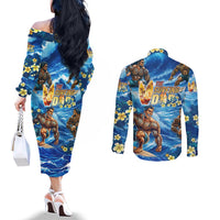 Hawaii Father's Day Couples Matching Off The Shoulder Long Sleeve Dress and Long Sleeve Button Shirt The Surfing Dad Polynesian Tattoo DT02 - Polynesian Pride