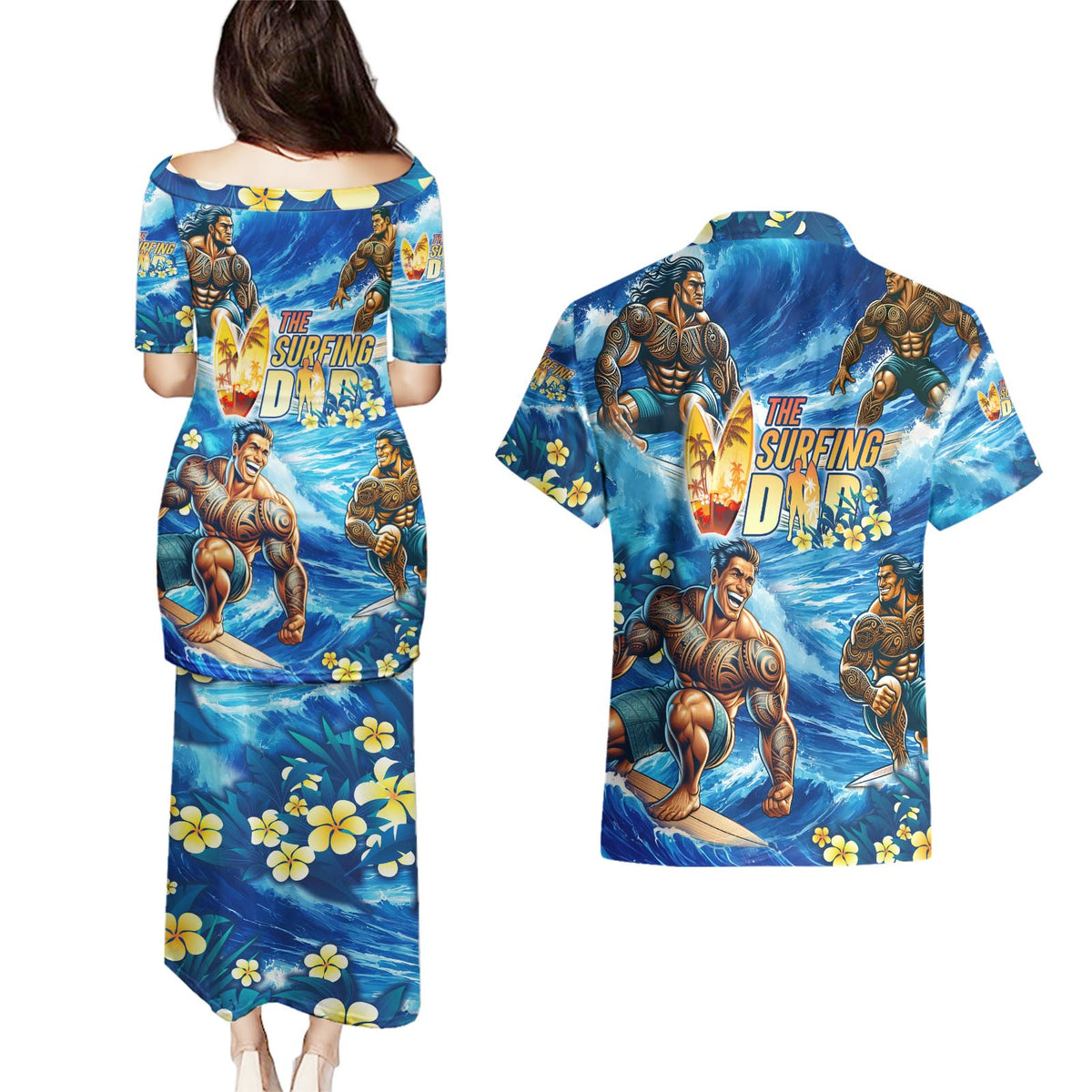 Hawaii Father's Day Couples Matching Puletasi and Hawaiian Shirt The Surfing Dad Polynesian Tattoo DT02 - Polynesian Pride