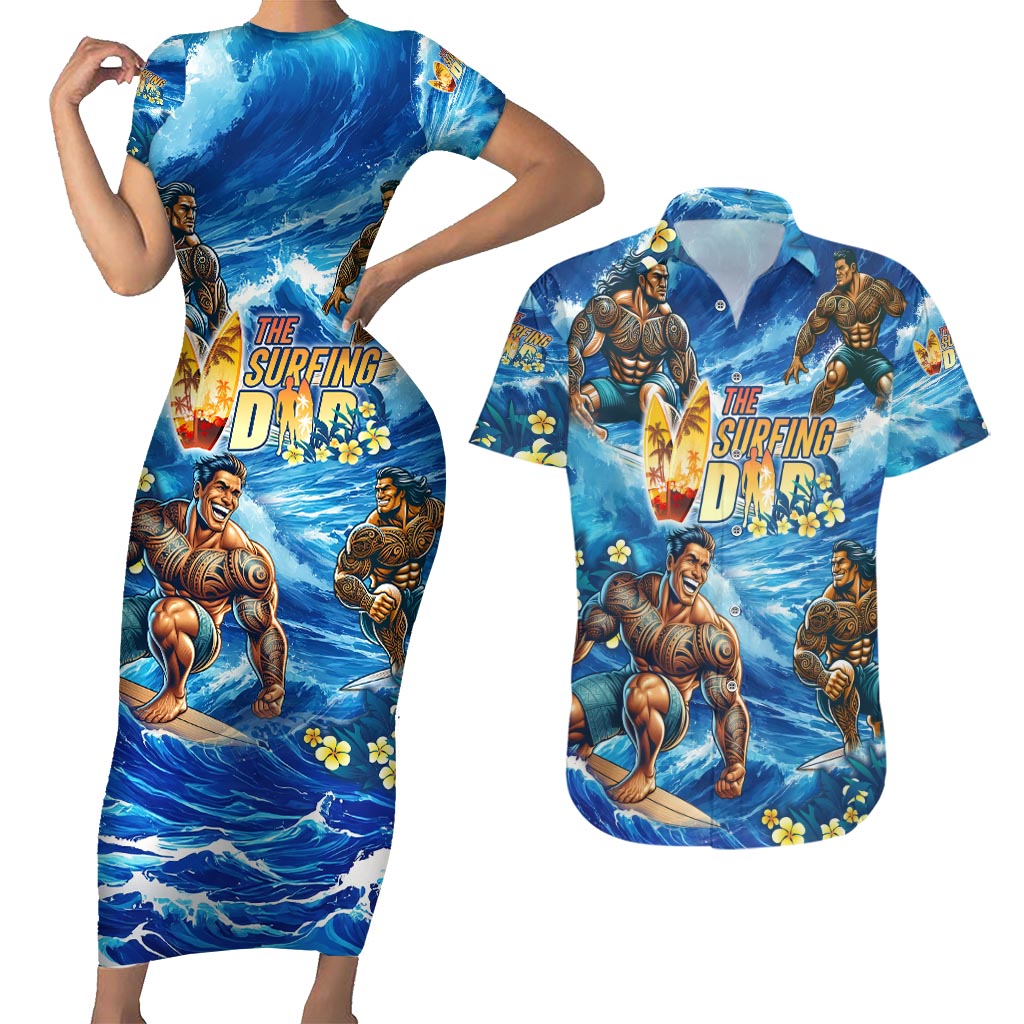 Hawaii Father's Day Couples Matching Short Sleeve Bodycon Dress and Hawaiian Shirt The Surfing Dad Polynesian Tattoo DT02 Blue - Polynesian Pride