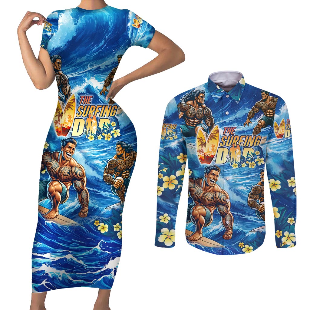 Hawaii Father's Day Couples Matching Short Sleeve Bodycon Dress and Long Sleeve Button Shirt The Surfing Dad Polynesian Tattoo DT02 Blue - Polynesian Pride