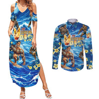 Hawaii Father's Day Couples Matching Summer Maxi Dress and Long Sleeve Button Shirt The Surfing Dad Polynesian Tattoo DT02 Blue - Polynesian Pride