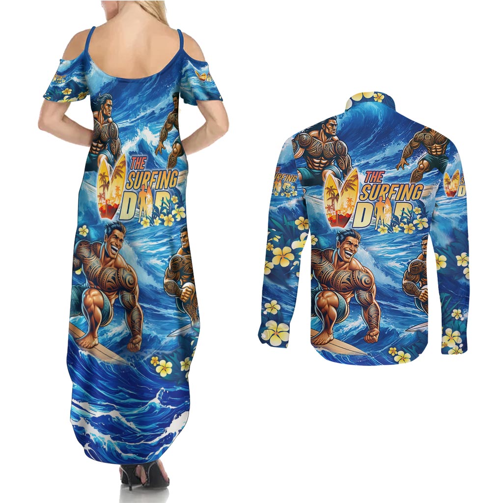 Hawaii Father's Day Couples Matching Summer Maxi Dress and Long Sleeve Button Shirt The Surfing Dad Polynesian Tattoo DT02 - Polynesian Pride