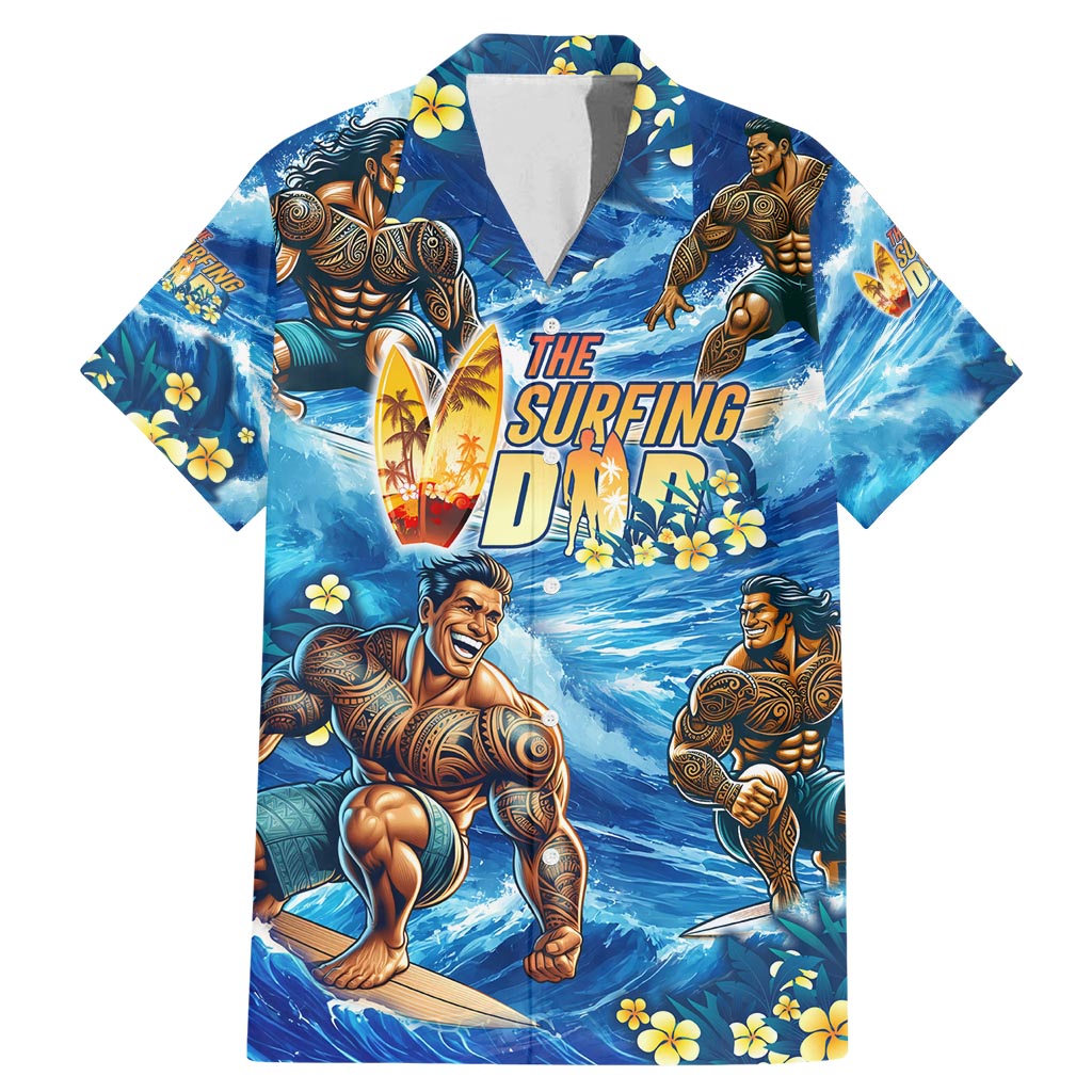Hawaii Father's Day Family Matching Mermaid Dress and Hawaiian Shirt The Surfing Dad Polynesian Tattoo DT02 Dad's Shirt - Short Sleeve Blue - Polynesian Pride