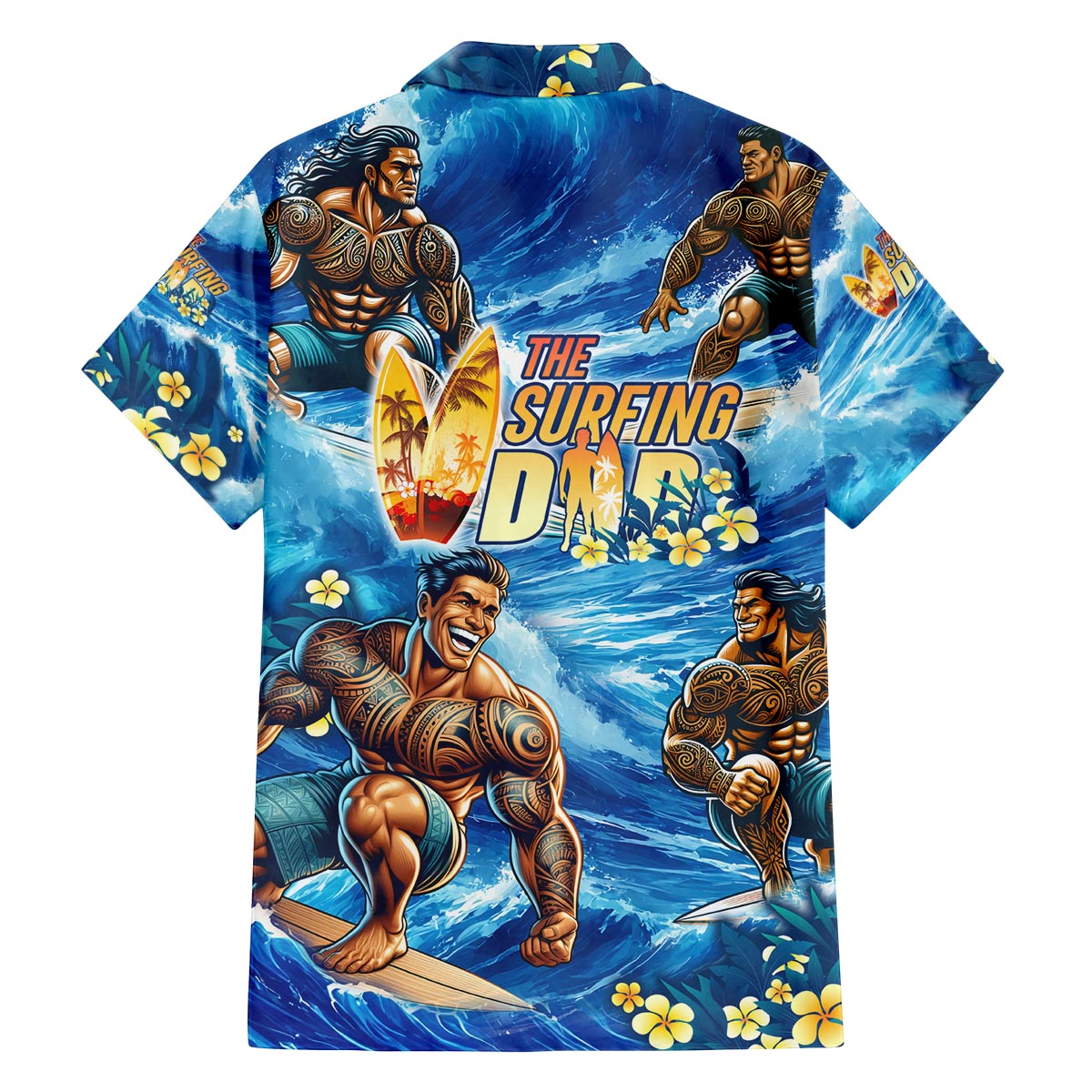 Hawaii Father's Day Family Matching Off The Shoulder Long Sleeve Dress and Hawaiian Shirt The Surfing Dad Polynesian Tattoo