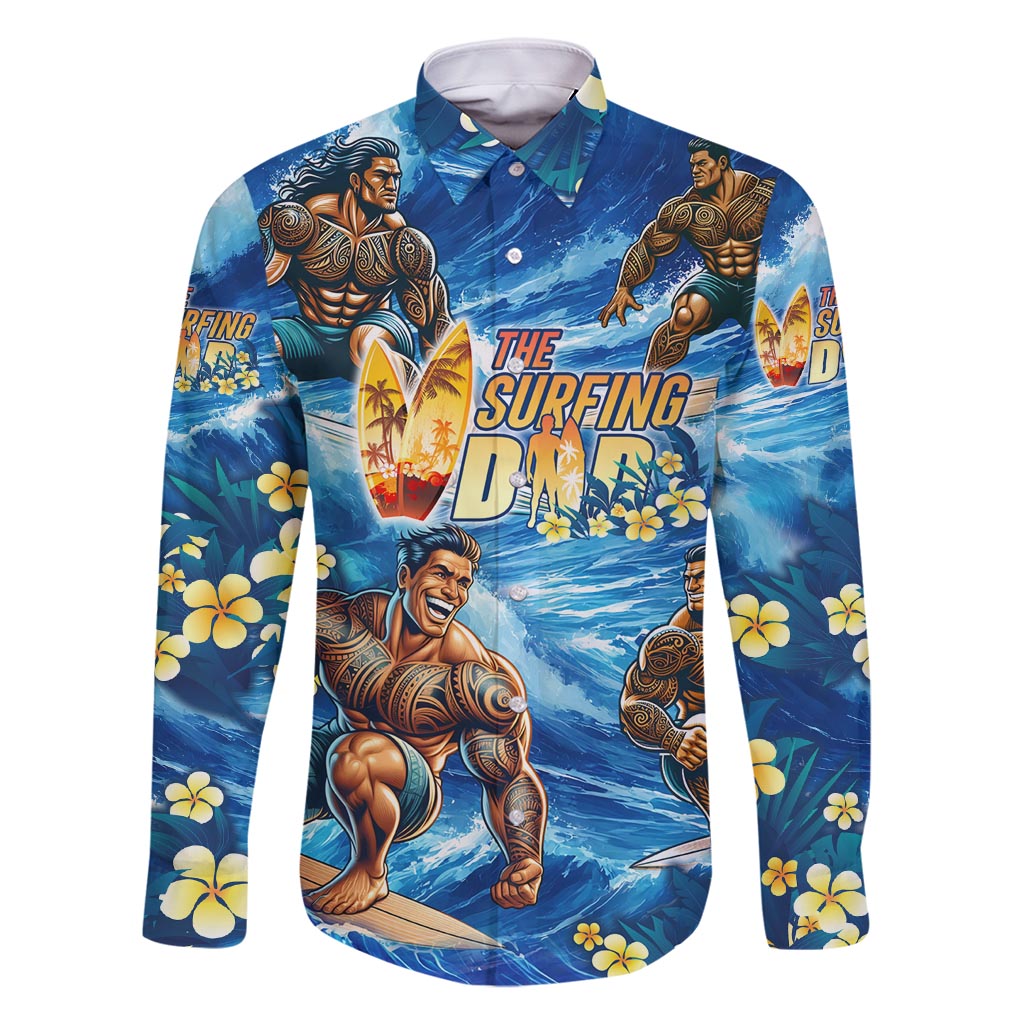 Hawaii Father's Day Family Matching Off Shoulder Maxi Dress and Hawaiian Shirt The Surfing Dad Polynesian Tattoo DT02 Dad's Shirt - Long Sleeve Blue - Polynesian Pride