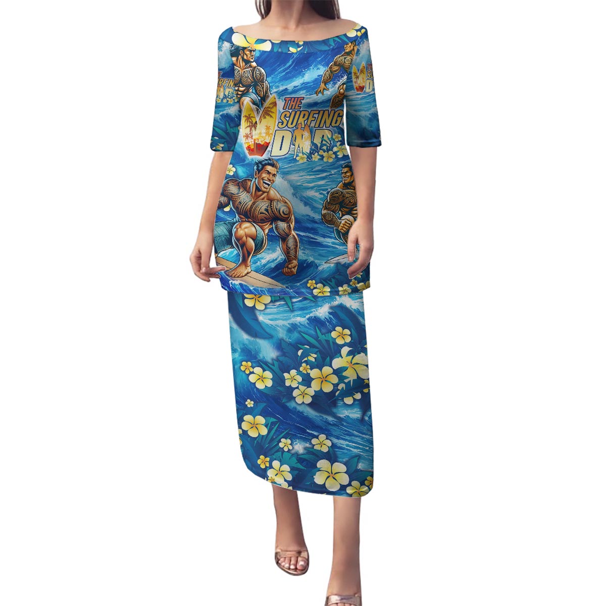 Hawaii Father's Day Family Matching Puletasi and Hawaiian Shirt The Surfing Dad Polynesian Tattoo DT02 Mom's Dress Blue - Polynesian Pride