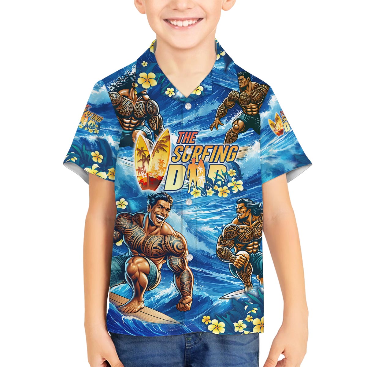 Hawaii Father's Day Family Matching Puletasi and Hawaiian Shirt The Surfing Dad Polynesian Tattoo DT02 Son's Shirt Blue - Polynesian Pride