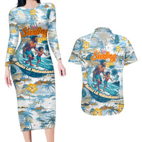 Hawaii Father's Day It's Surfing Time Couples Matching Long Sleeve Bodycon Dress and Hawaiian Shirt Aloha L Makuakane DT02 Blue - Polynesian Pride