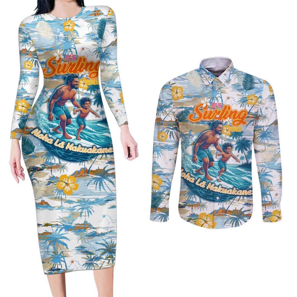 Hawaii Father's Day It's Surfing Time Couples Matching Long Sleeve Bodycon Dress and Long Sleeve Button Shirt Aloha L Makuakane DT02 Blue - Polynesian Pride