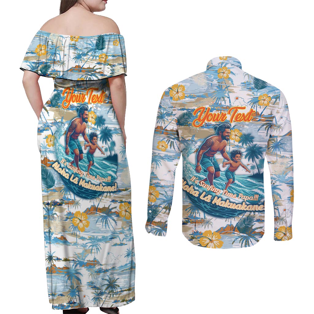 Hawaii Father's Day It's Surfing Time Couples Matching Off Shoulder Maxi Dress and Long Sleeve Button Shirt Aloha L Makuakane DT02 - Polynesian Pride