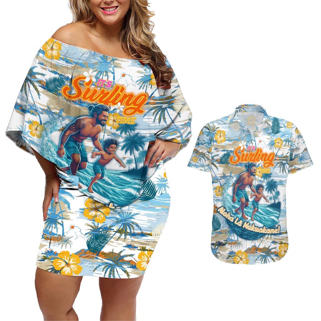 Hawaii Father's Day It's Surfing Time Couples Matching Off Shoulder Short Dress and Hawaiian Shirt Aloha Lā Makuakane