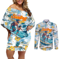 Hawaii Father's Day It's Surfing Time Couples Matching Off Shoulder Short Dress and Long Sleeve Button Shirt Aloha L Makuakane DT02 Blue - Polynesian Pride