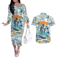 Hawaii Father's Day It's Surfing Time Couples Matching Off The Shoulder Long Sleeve Dress and Hawaiian Shirt Aloha L Makuakane DT02 Blue - Polynesian Pride