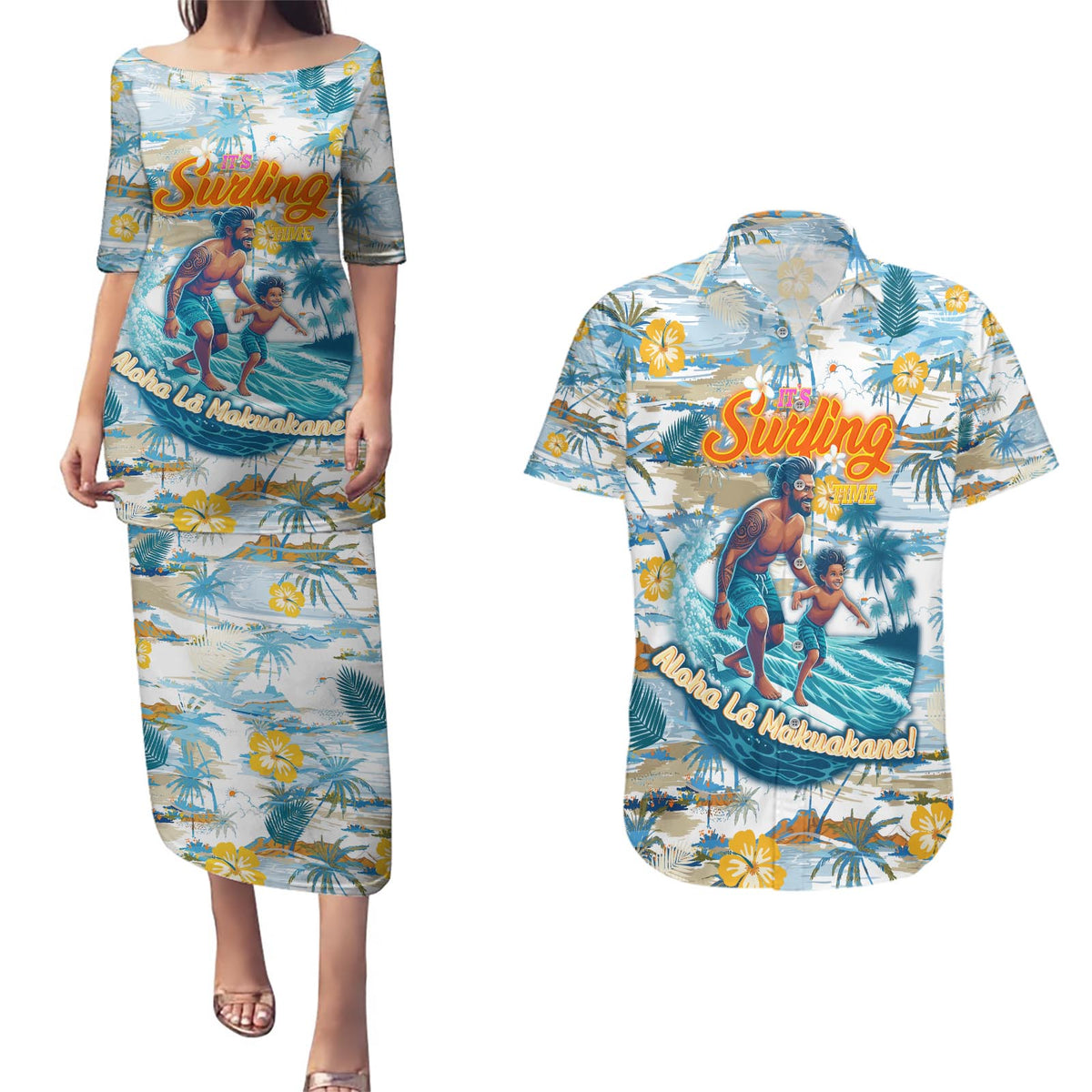 Hawaii Father's Day It's Surfing Time Couples Matching Puletasi and Hawaiian Shirt Aloha L Makuakane DT02 Blue - Polynesian Pride