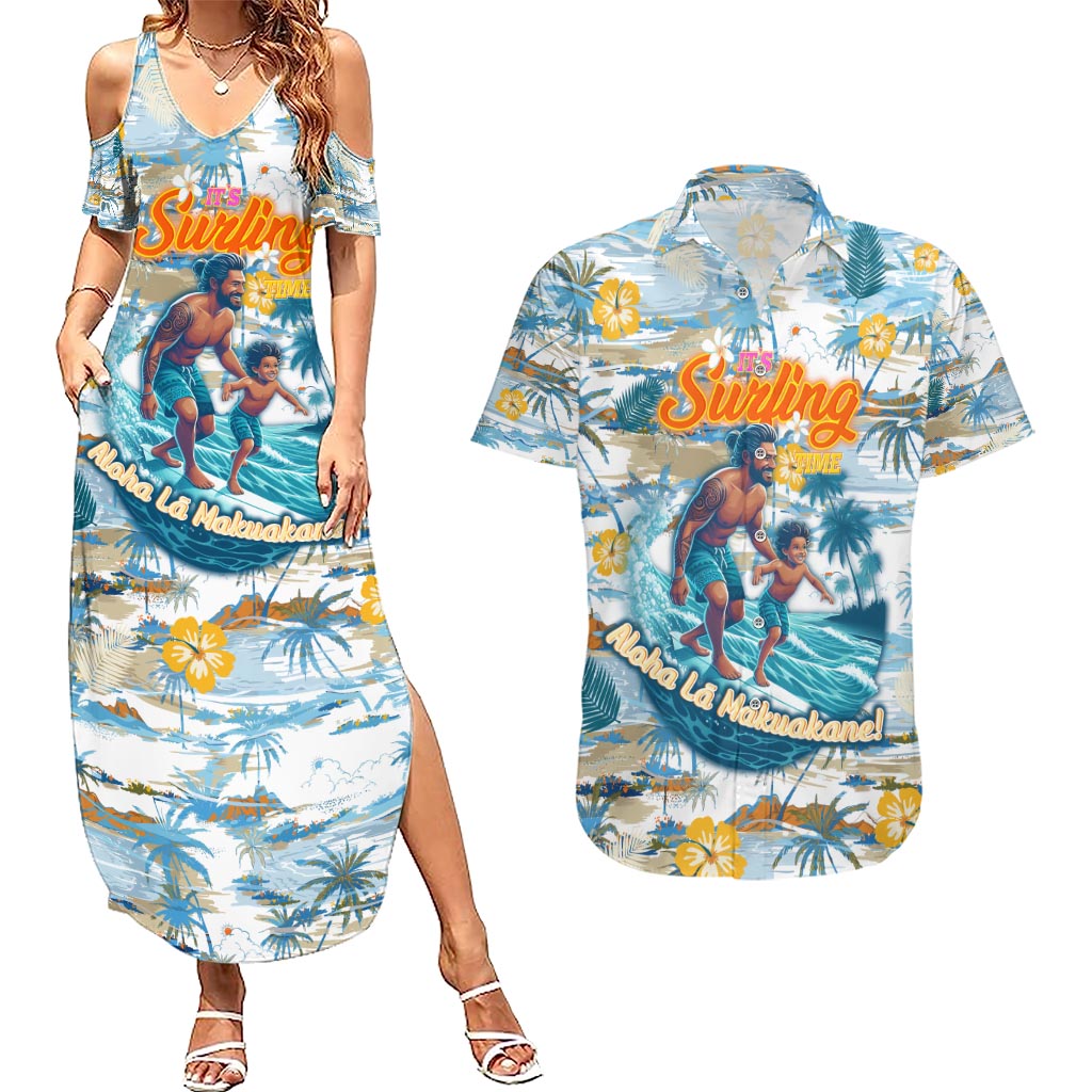 Hawaii Father's Day It's Surfing Time Couples Matching Summer Maxi Dress and Hawaiian Shirt Aloha L Makuakane DT02 Blue - Polynesian Pride