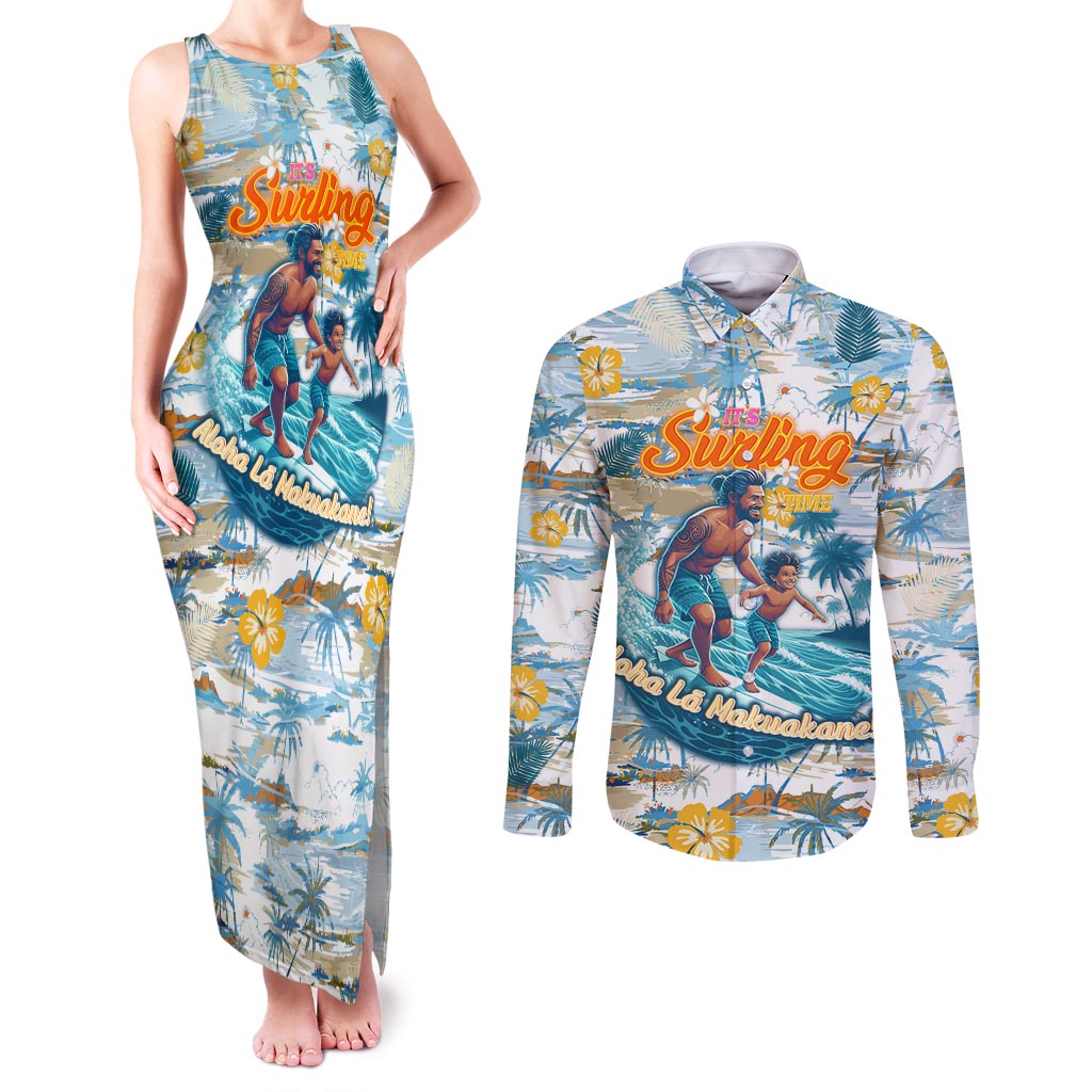 Hawaii Father's Day It's Surfing Time Couples Matching Tank Maxi Dress and Long Sleeve Button Shirt Aloha L Makuakane DT02 Blue - Polynesian Pride