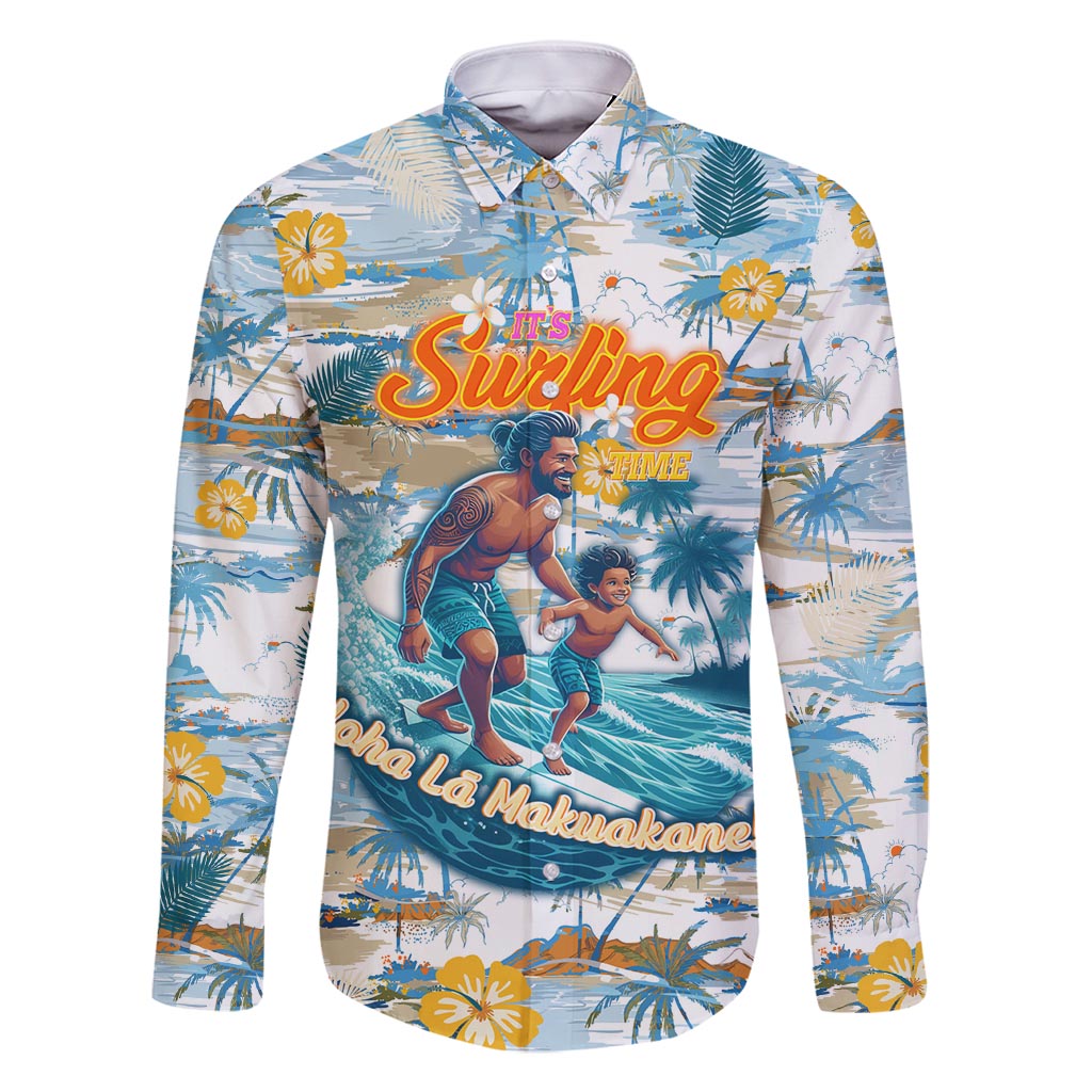 Hawaii Father's Day It's Surfing Time Family Matching Mermaid Dress and Hawaiian Shirt Aloha L Makuakane DT02 Dad's Shirt - Long Sleeve Blue - Polynesian Pride