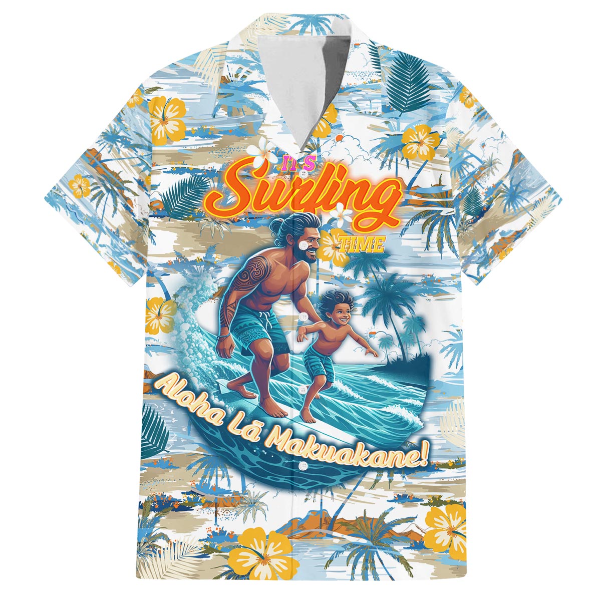 Hawaii Father's Day It's Surfing Time Family Matching Puletasi and Hawaiian Shirt Aloha L Makuakane DT02 Dad's Shirt - Short Sleeve Blue - Polynesian Pride