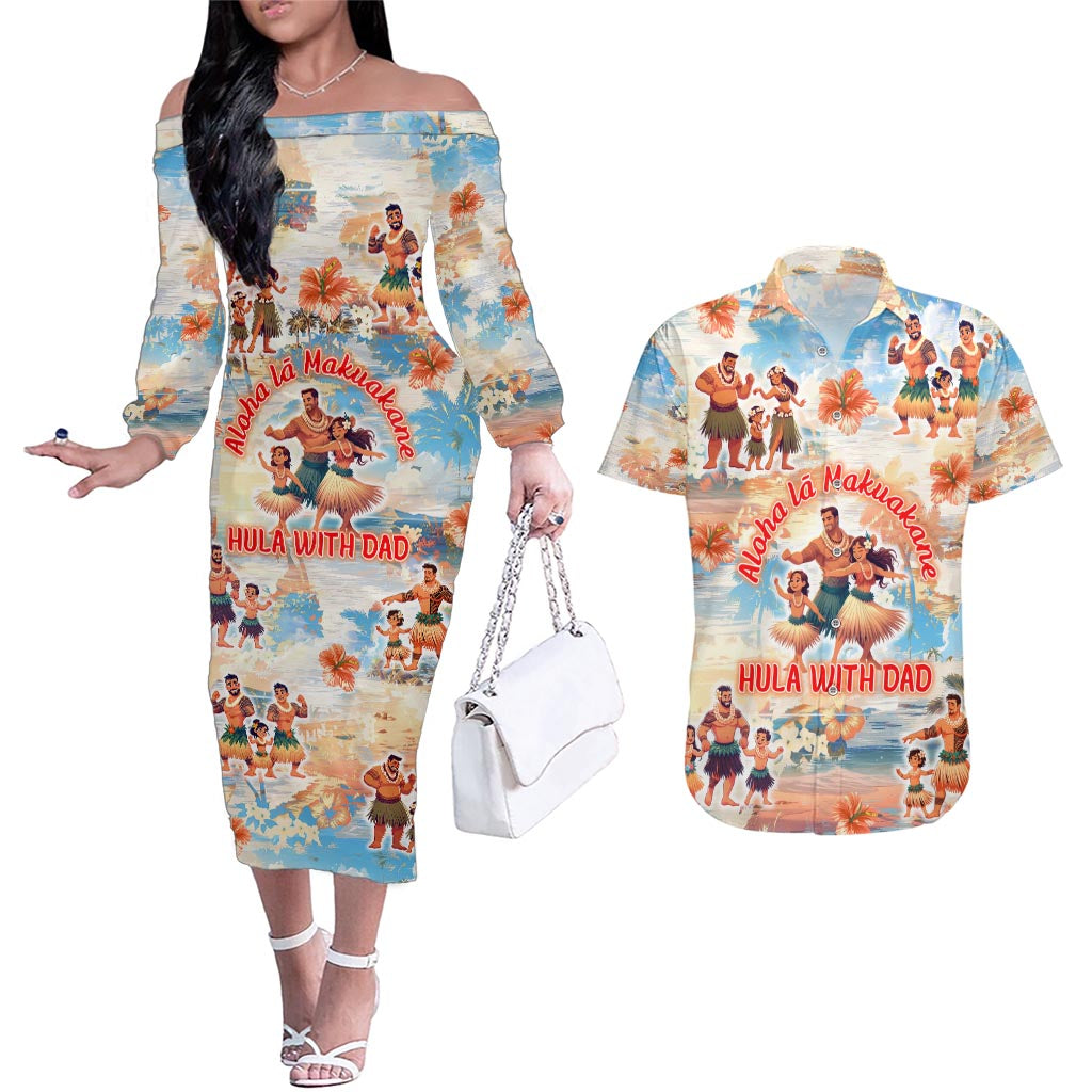 Hawaii Father's Day Couples Matching Off The Shoulder Long Sleeve Dress and Hawaiian Shirt Hula With Dad DT02 Art - Polynesian Pride