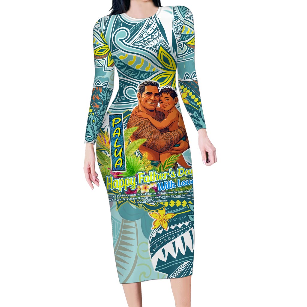 Palau Father's Day Polynesia Family Matching Long Sleeve Bodycon Dress and Hawaiian Shirt Dad and Son DT02 Mom's Dress Blue - Polynesian Pride