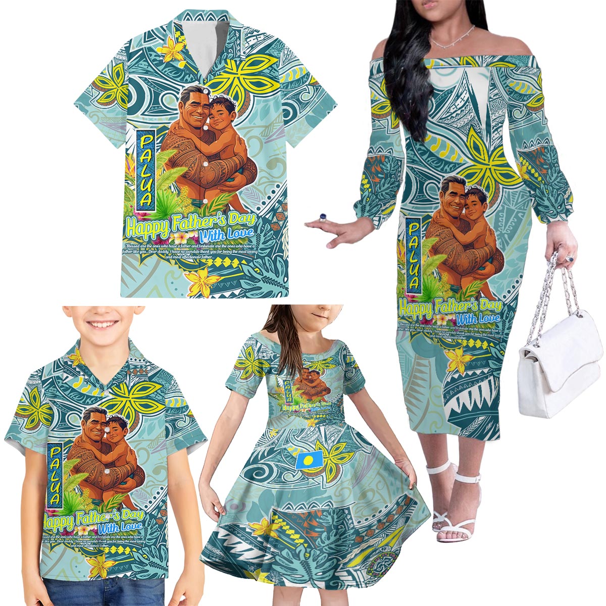 Palau Father's Day Polynesia Family Matching Off The Shoulder Long Sleeve Dress and Hawaiian Shirt Dad and Son DT02 - Polynesian Pride
