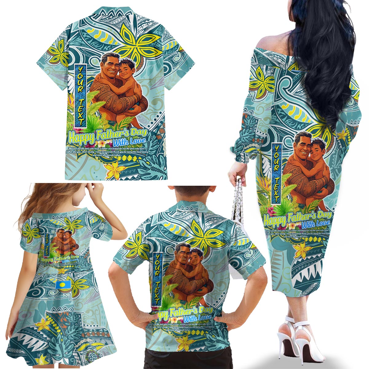 Palau Father's Day Polynesia Family Matching Off The Shoulder Long Sleeve Dress and Hawaiian Shirt Dad and Son DT02 - Polynesian Pride