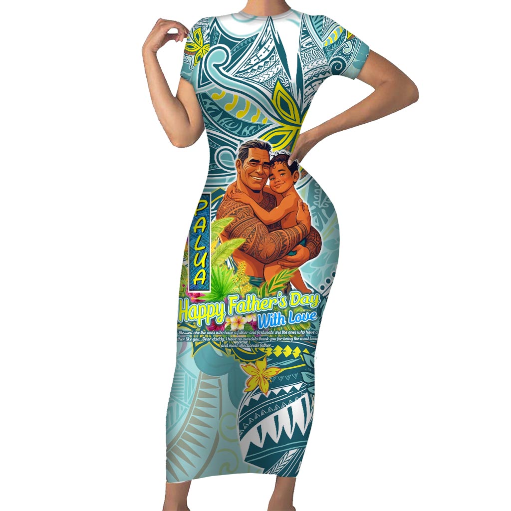 Palau Father's Day Polynesia Family Matching Short Sleeve Bodycon Dress and Hawaiian Shirt Dad and Son DT02 Mom's Dress Blue - Polynesian Pride