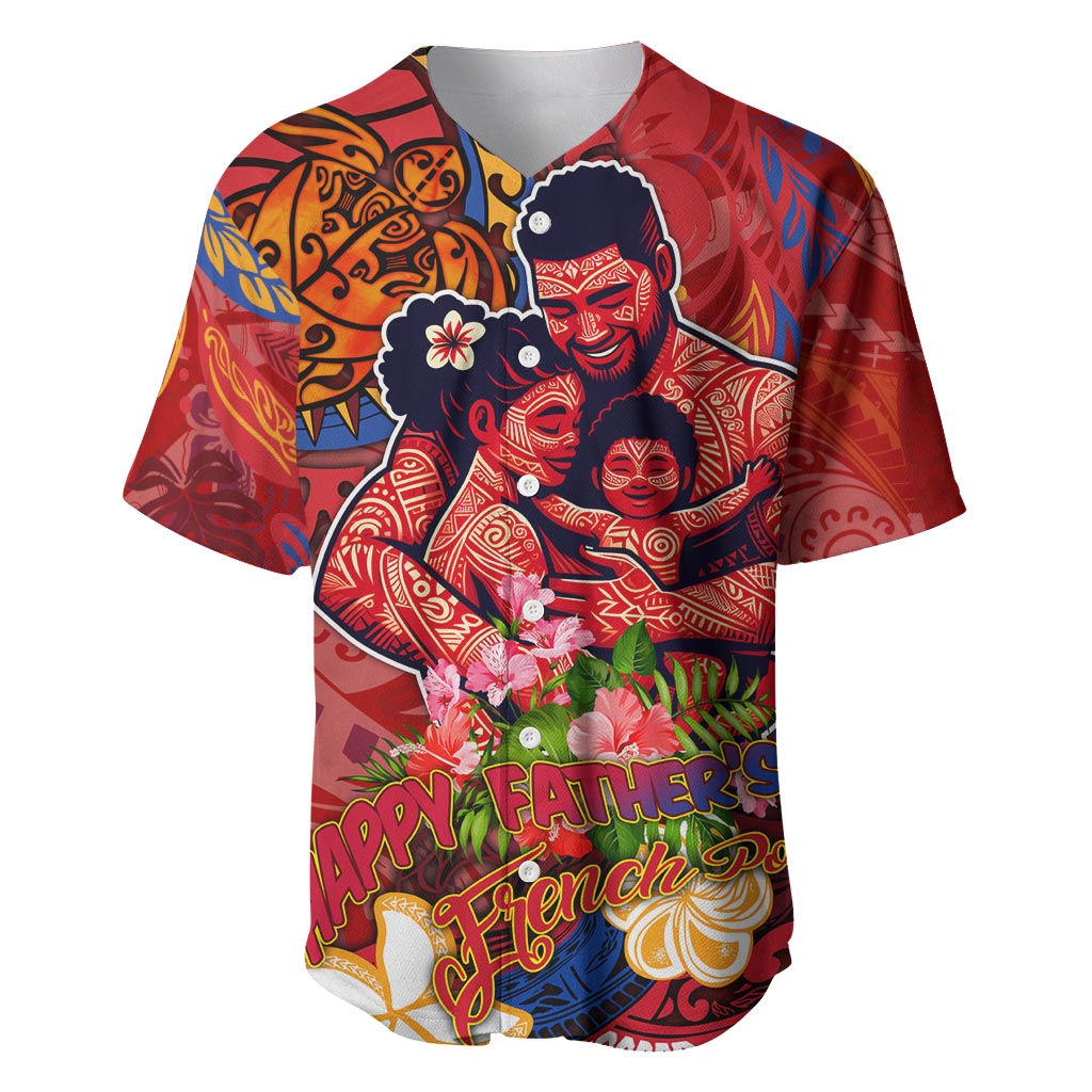 Happy Father's Day French Polynesia Baseball Jersey Family Turtle Hibiscus DT02 Red - Polynesian Pride