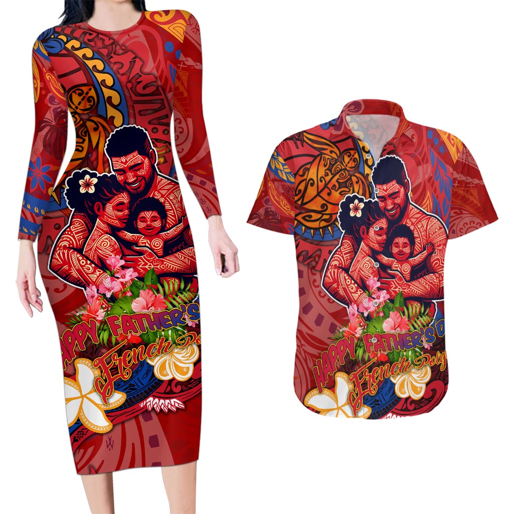 Happy Father's Day French Polynesia Couples Matching Long Sleeve Bodycon Dress and Hawaiian Shirt Family Turtle Hibiscus DT02 Red - Polynesian Pride