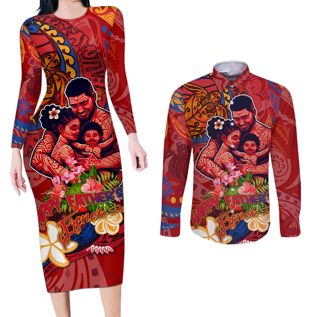 Happy Father's Day French Polynesia Couples Matching Long Sleeve Bodycon Dress and Long Sleeve Button Shirt Family Turtle Hibiscus DT02 Red - Polynesian Pride
