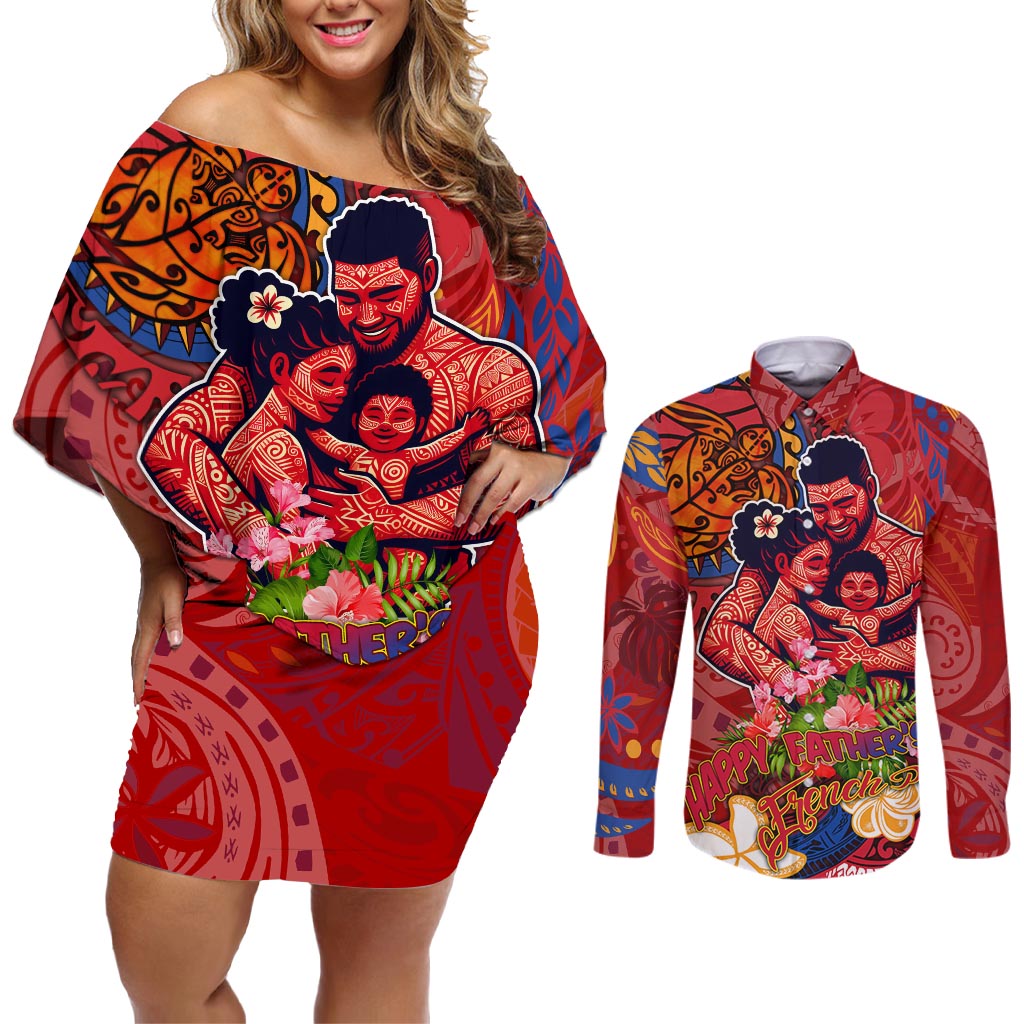 Happy Father's Day French Polynesia Couples Matching Off Shoulder Short Dress and Long Sleeve Button Shirt Family Turtle Hibiscus DT02 Red - Polynesian Pride