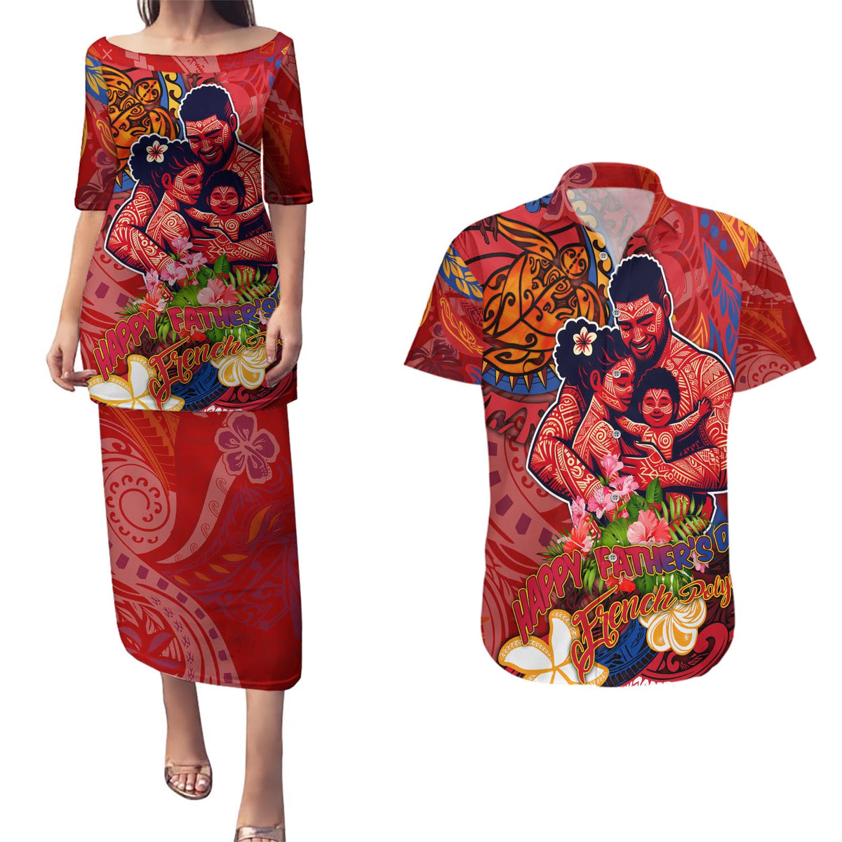 Happy Father's Day French Polynesia Couples Matching Puletasi and Hawaiian Shirt Family Turtle Hibiscus DT02 Red - Polynesian Pride