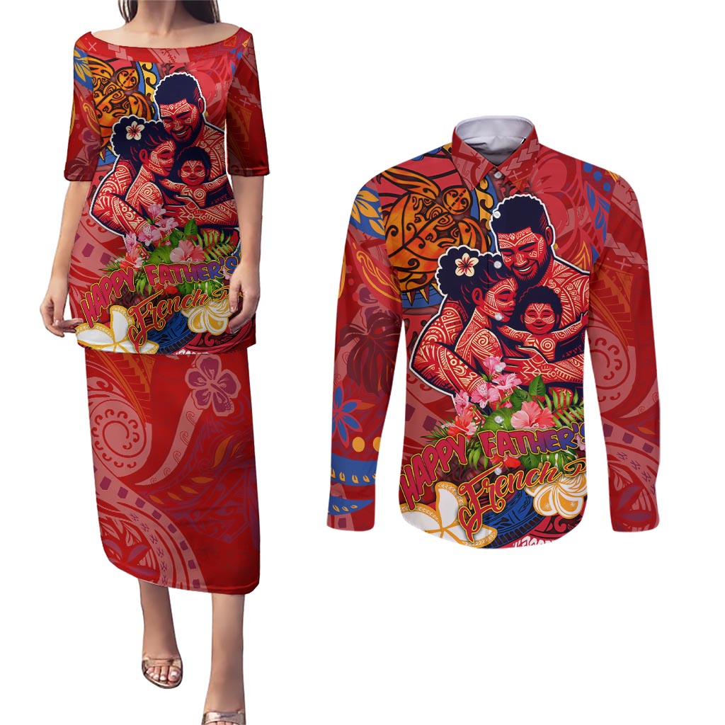 Happy Father's Day French Polynesia Couples Matching Puletasi and Long Sleeve Button Shirt Family Turtle Hibiscus DT02 Red - Polynesian Pride