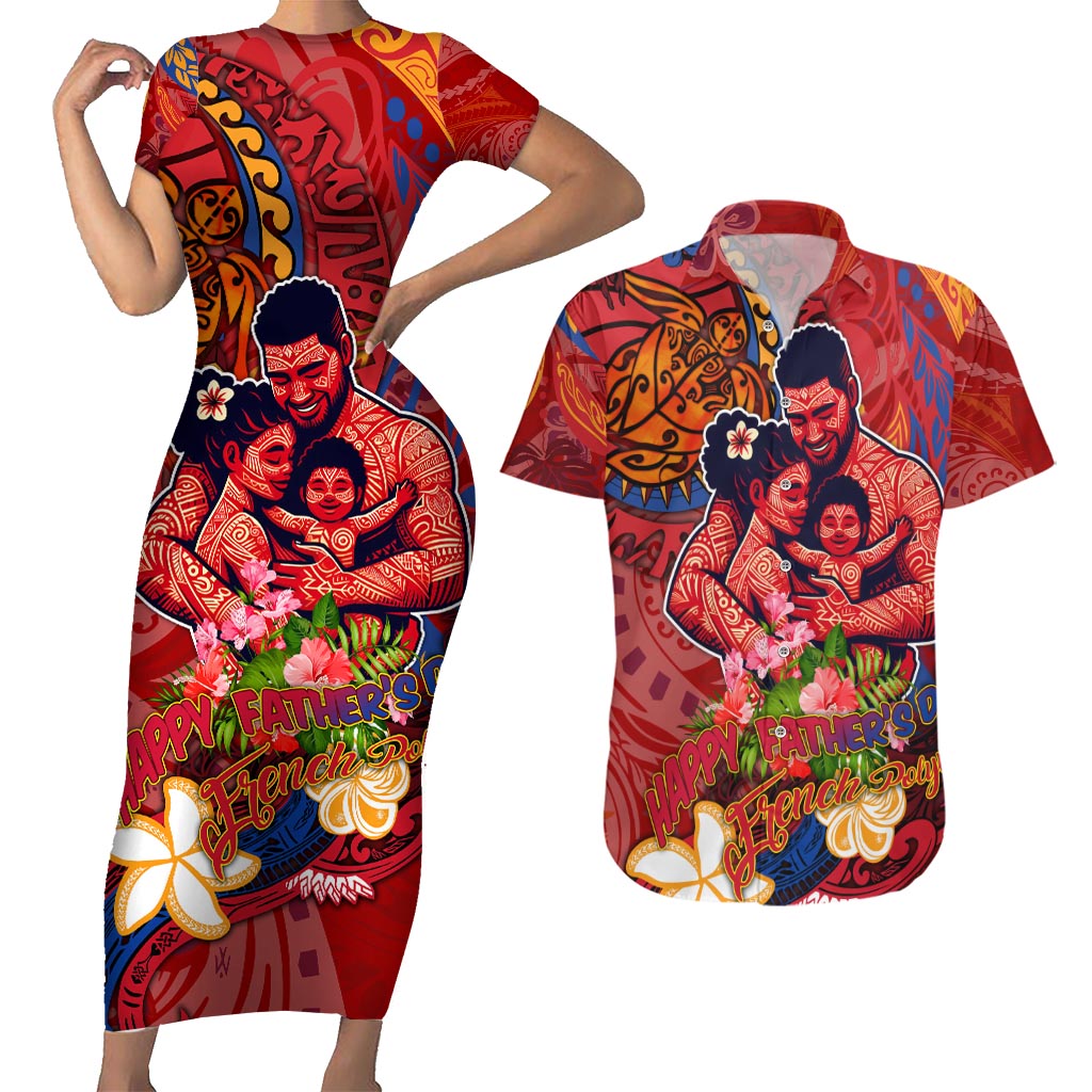 Happy Father's Day French Polynesia Couples Matching Short Sleeve Bodycon Dress and Hawaiian Shirt Family Turtle Hibiscus DT02 Red - Polynesian Pride