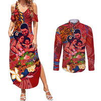 Happy Father's Day French Polynesia Couples Matching Summer Maxi Dress and Long Sleeve Button Shirt Family Turtle Hibiscus DT02 Red - Polynesian Pride
