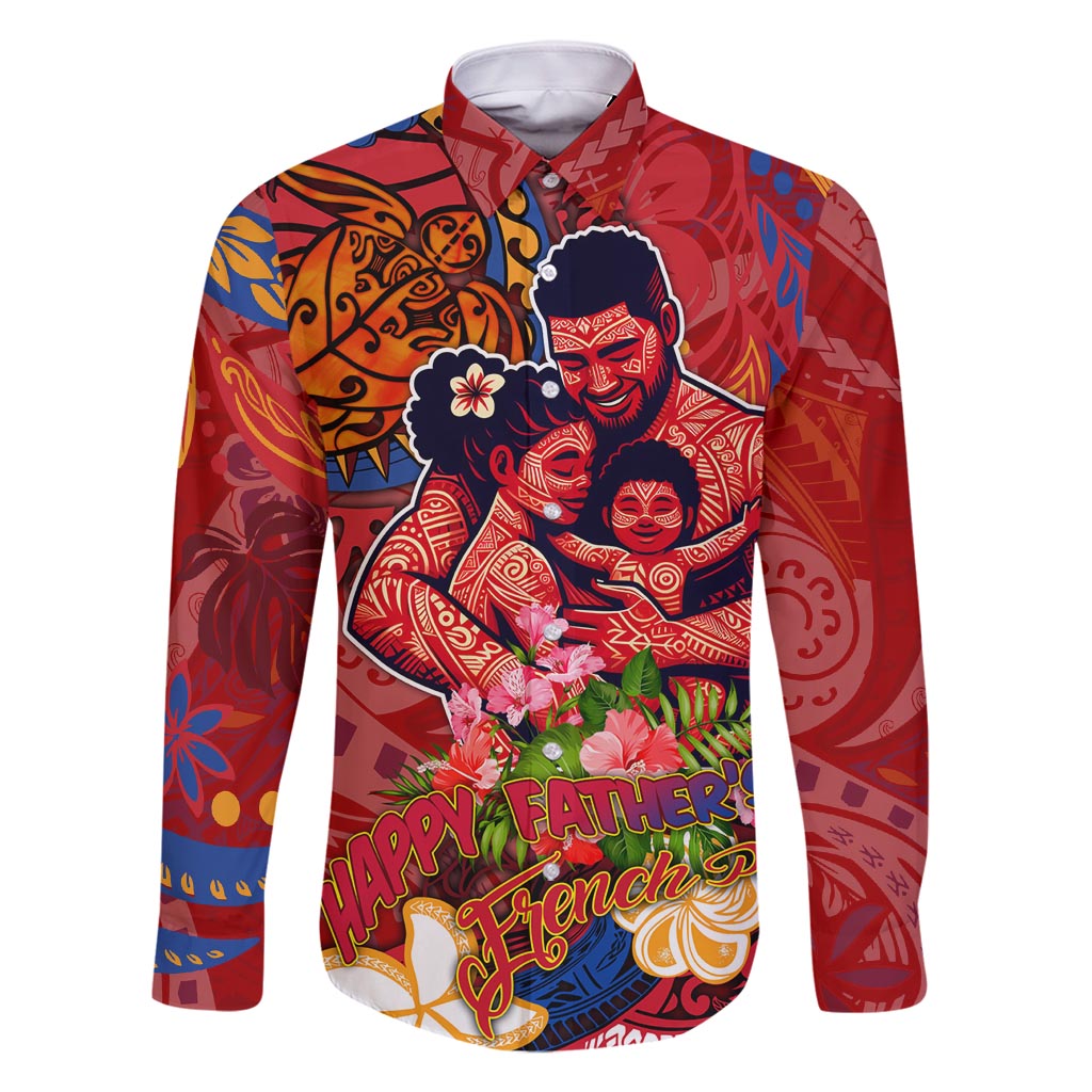 Happy Father's Day French Polynesia Family Matching Mermaid Dress and Hawaiian Shirt Family Turtle Hibiscus DT02 Dad's Shirt - Long Sleeve Red - Polynesian Pride