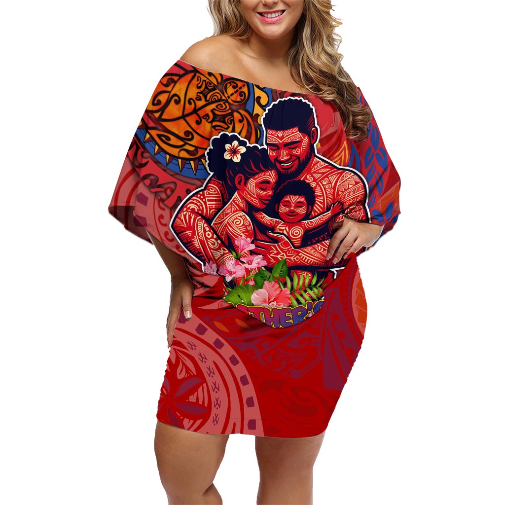Happy Father's Day French Polynesia Family Matching Off Shoulder Short Dress and Hawaiian Shirt Family Turtle Hibiscus DT02 Mom's Dress Red - Polynesian Pride